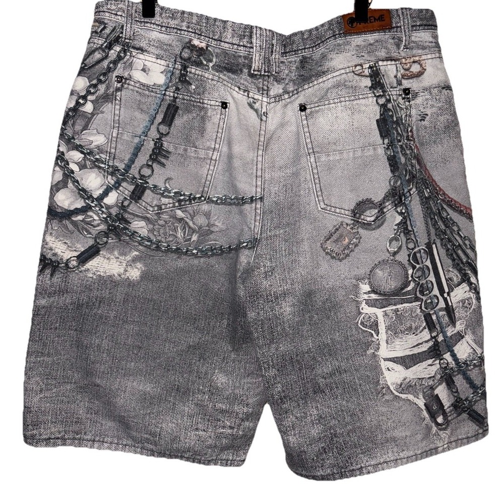 Preme Streetwear Jorts Shorts With Printed On Flowers Chains Face Size 40w - Picture 2 of 9